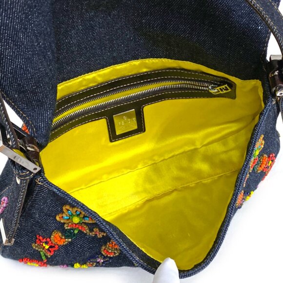 Authentic FENDI FF Denim Ricami Beaded Baguette Floral Blue Abstract Flap Purse - Picture 8 of 14
